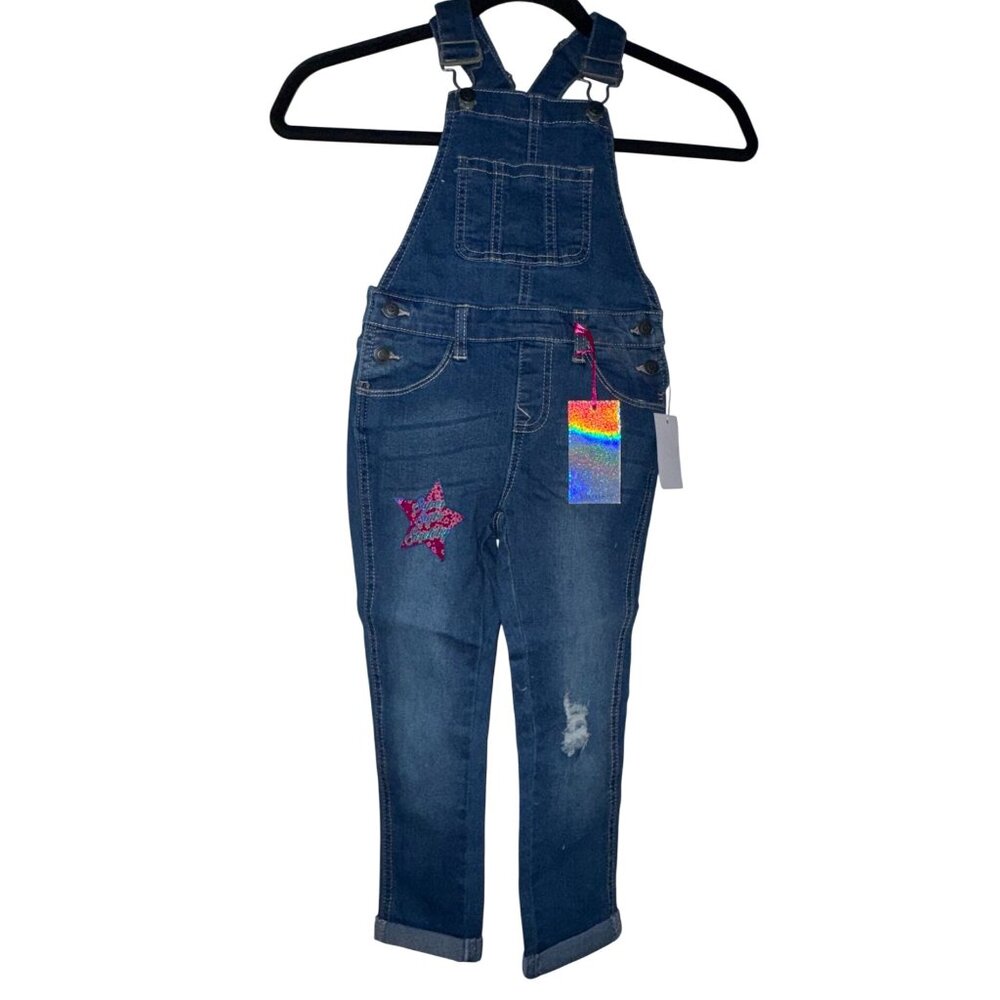 Girls Denim Overalls With Glitter Star Applique & Distressed Detail - Size 5